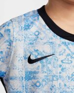 Portugal away kids football kit 2024 with Nike logo and unique blue pattern.