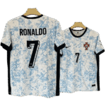 Portugal away kids football jersey for 2024, featuring Cristiano Ronaldo's name and number.