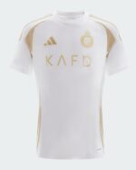 Al Nassr third football jersey 2024/25 featuring Ronaldo, white with gold accents.
