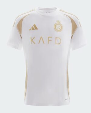 Al Nassr third football jersey 2024/25 featuring Ronaldo, white with gold accents.