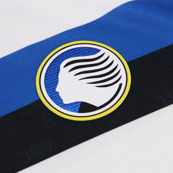 Atalanta away football jersey 2024/25 with team logo and bold blue, black, and white design.