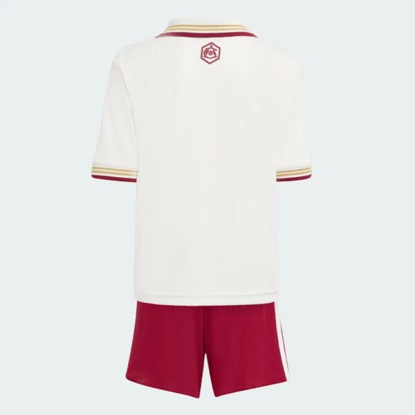 Youth Gunners third kit for kids, featuring white jersey with red accents and matching shorts.