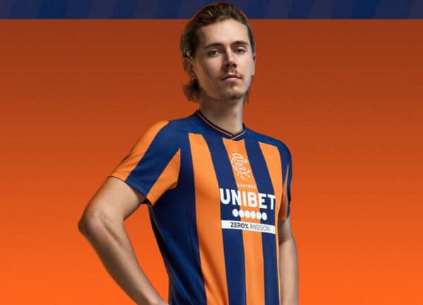 Rangers third football jersey 2023/24 with blue and orange stripes, official UNIBET sponsor, perfect.