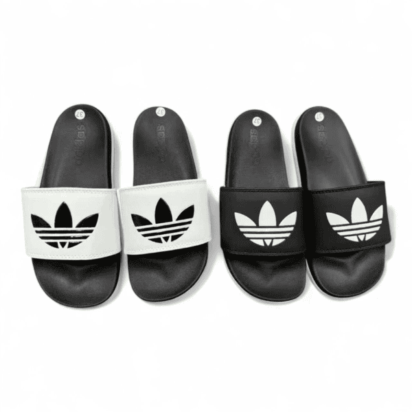 Adidas Trefoil slides for women with black and white color options, featuring the iconic Trefoil log.