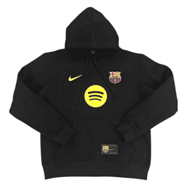 Black FC Barcelona hoodie with Spotify logo, 2025 collection, sportswear for fans.