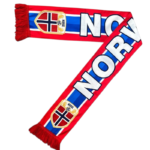 Norway football team scarf with national emblem and bold "NOR" lettering. Perfect for fans and suppo.