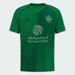 Green soccer jersey with diagonal green stripes and a team crest on the chest, featuring the sponsor text 'Red Sea Global' and Adidas logo.