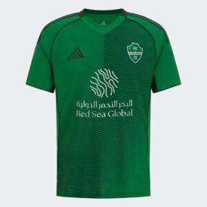 Green soccer jersey with diagonal green stripes and a team crest on the chest, featuring the sponsor text 'Red Sea Global' and Adidas logo.
