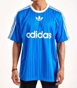 Adidas Adicolor blue sports T-shirt with iconic logo and stripes.