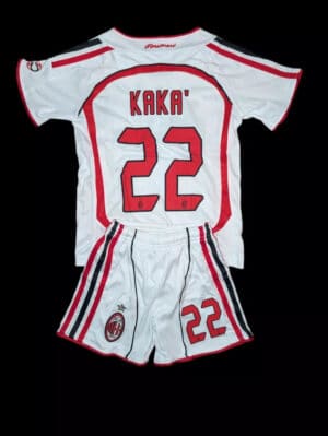 Kaka' 22 AC Milan football jersey and shorts set, authentic sportswear for soccer fans.