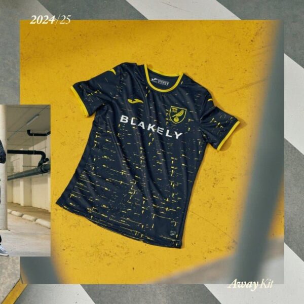 Norwich City away football jersey 2024/25 with team logo and modern design.