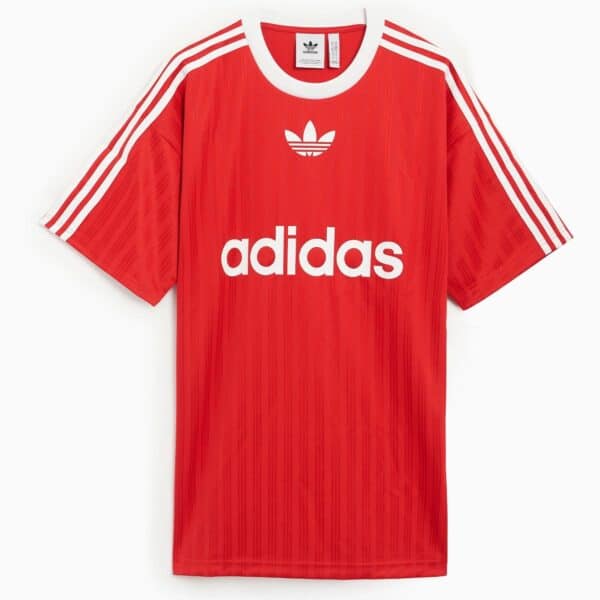 Red Adidas Adicolor T-shirt with white logo and stripes.