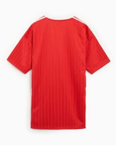 Red adidas Adicolor football T-shirt for sports and casual wear.