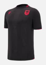 Albania national football team third jersey 2024/25, black with red accents, official FSHF logo, and.