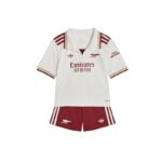 Official Arsenal Kids Football Kit 2025/26, white and maroon design.