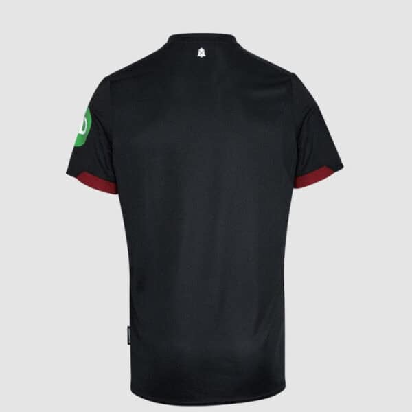 Authentic black football jersey featuring a green sponsor logo on the sleeve, ideal for fans and pla.