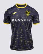 Norwich City away football jersey 2024/25 with navy and yellow design, featuring club crest and Joma.