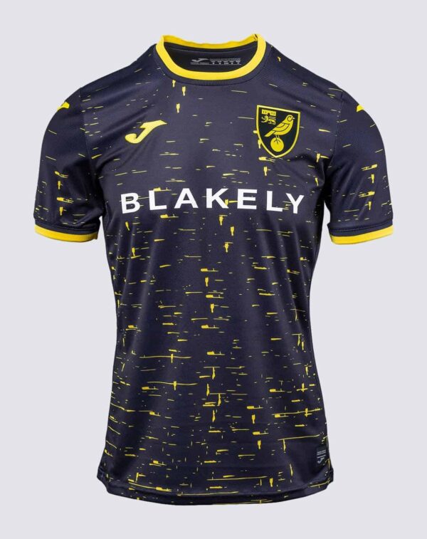 Norwich City away football jersey 2024/25 with navy and yellow design, featuring club crest and Joma.