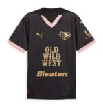 Palermo F.C. away football jersey for 2024/25 season, black with pink accents, featuring team logos.