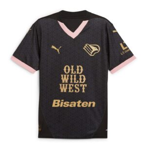 Palermo F.C. away football jersey for 2024/25 season, black with pink accents, featuring team logos.