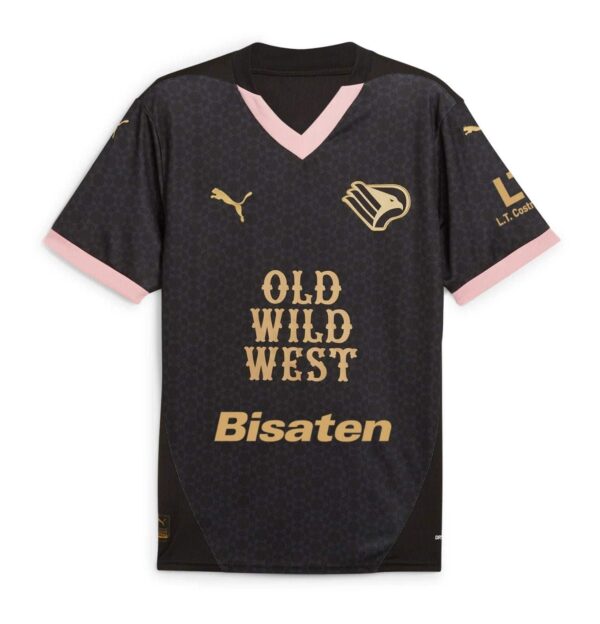 Palermo F.C. away football jersey for 2024/25 season, black with pink accents, featuring team logos.