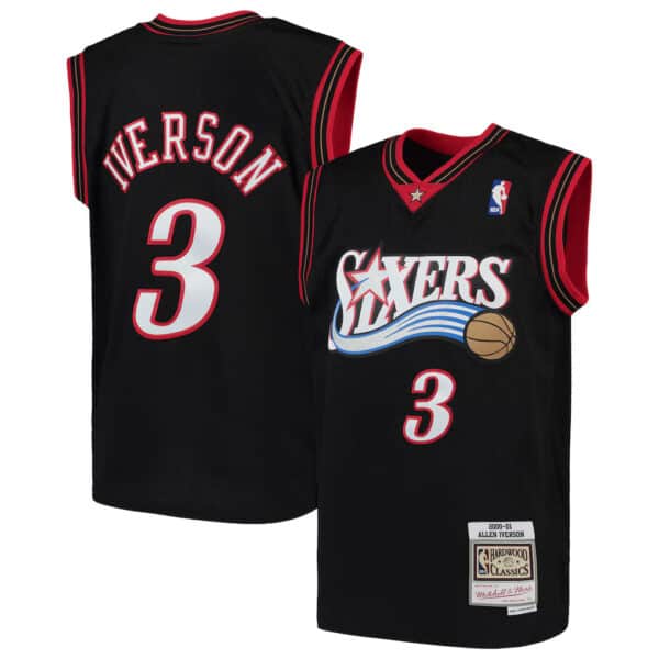 Authentic Allen Iverson 76ers black swingman jersey, NBA licensed, vintage 2000-2001 season.