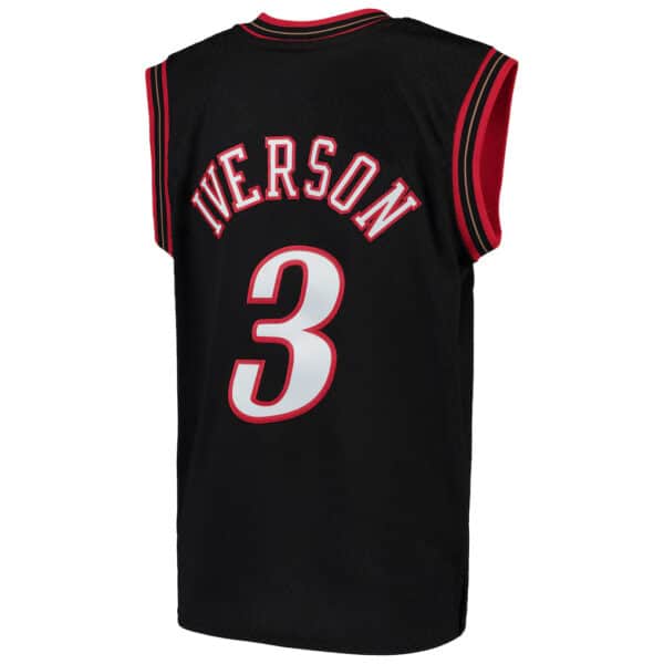 Authentic Allen Iverson 76ers black swingman jersey, vintage 2000-2001 NBA season, official team log.