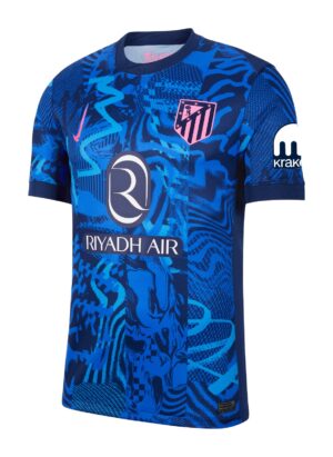 Atlético Madrid third football jersey 2024/25, blue with abstract patterns, official club crest and.