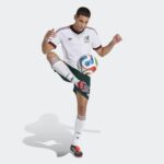 Male football player in Mexico away jersey kicking a ball, World Cup 2026.