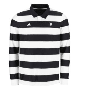 Long-sleeve polo shirt with bold black-and-white horizontal stripes, a collar, and Juventus and Adidas logos on the chest.
