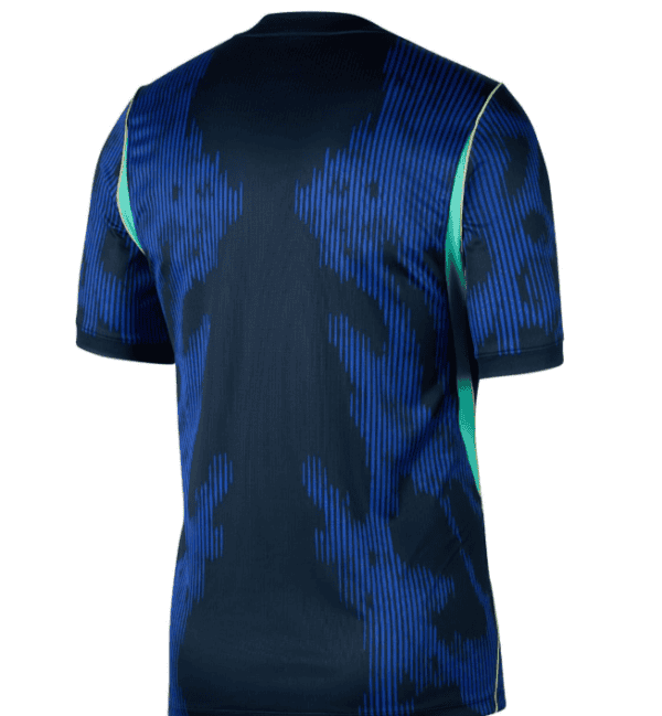 Back view of blue and navy camouflage athletic jersey with teal side panels.