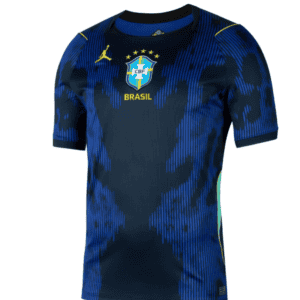Blue Brazil national football team jersey with CBF crest and 'BRASIL' on the chest, featuring a dark blue and bright blue pattern and short sleeves.