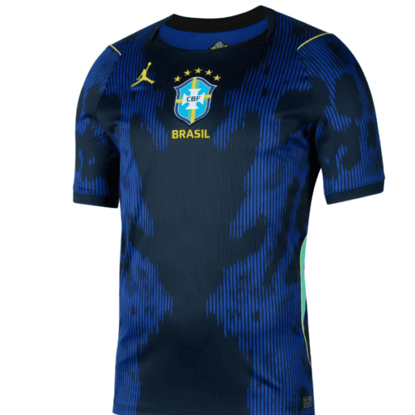 Blue Brazil national football team jersey with CBF crest and 'BRASIL' on the chest, featuring a dark blue and bright blue pattern and short sleeves.