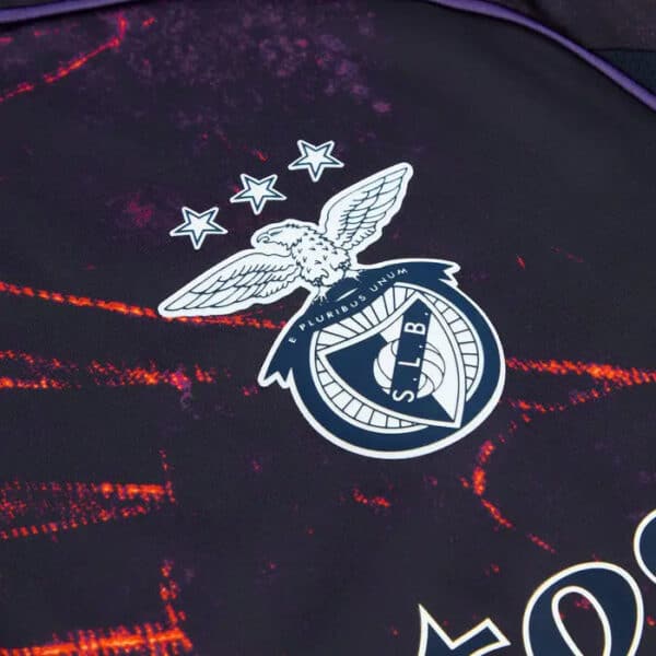 Benfica football jersey featuring the iconic eagle wing design, black and red color scheme, and club.