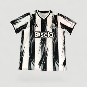 Black and white striped soccer jersey with Sela sponsor and Newcastle United crest on the chest.