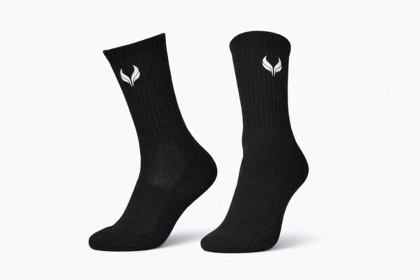 Breathable black performance crew socks featuring arch support, ideal for sports and active wear.