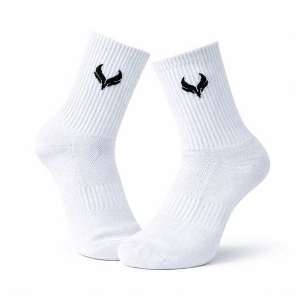 Breathable white sports crew socks with arch support, ideal for running and training. Comfortable, l.