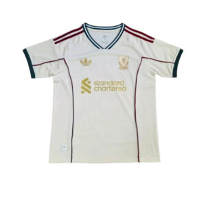 White Liverpool FC football jersey with Standard Chartered sponsor, Adidas logo, and club crest, featuring burgundy and teal trim.