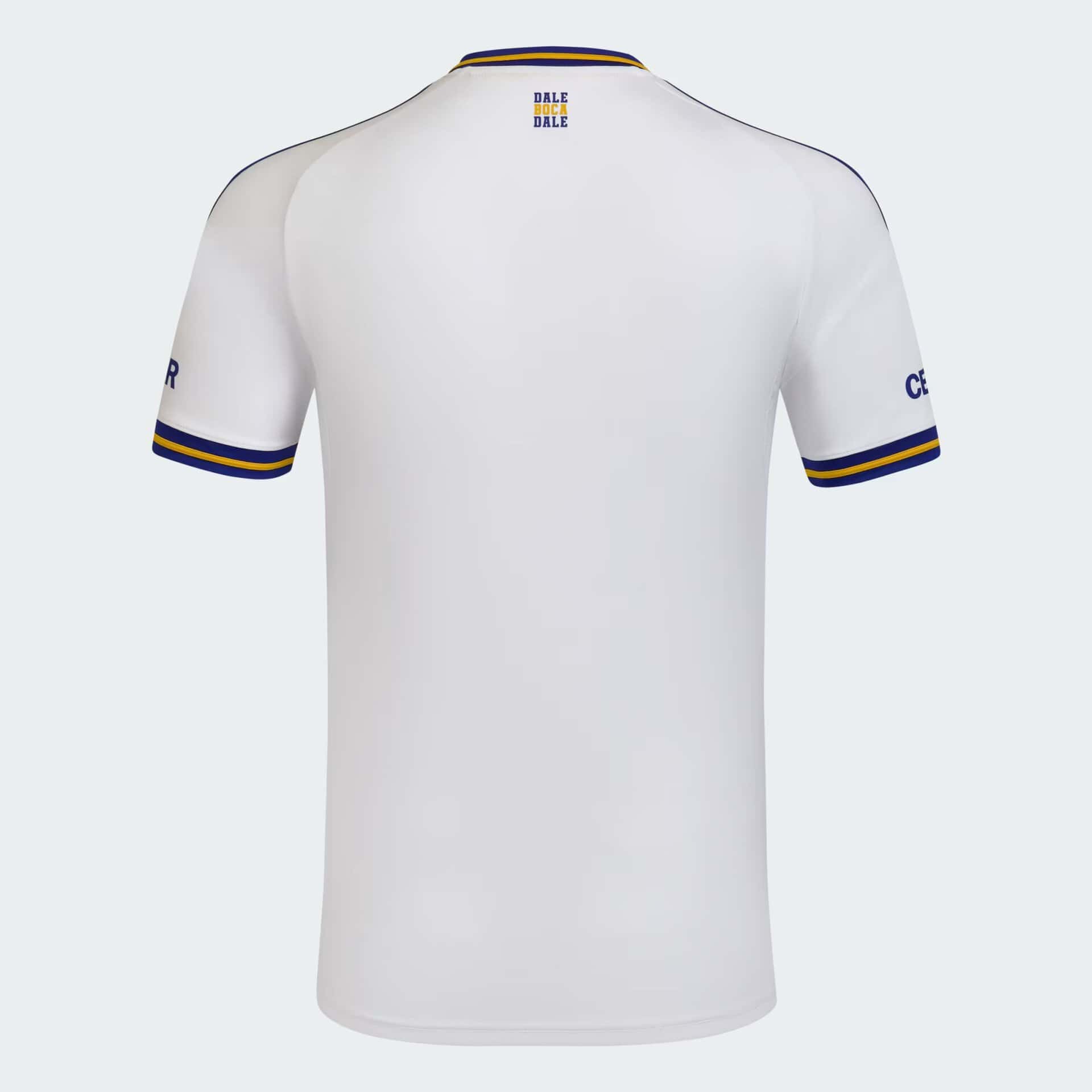 Back view of a white polo shirt on a mannequin, with blue and yellow collar and sleeve trim and small text at the neck area