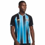 Authentic Gremio football jersey 2026, blue and black striped design, official club merchandise.