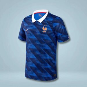 France 2026 World Cup home jersey with blue geometric pattern and white collar.
