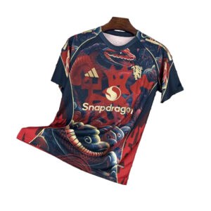 Dragon-themed athletic jersey with red and navy dragon artwork and sponsor logos, displayed on a hanger