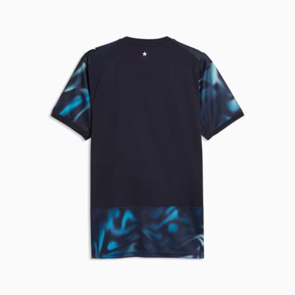 Back view of a navy T-shirt with blue tie-dye sleeves and hem, and a small white star at the neck.