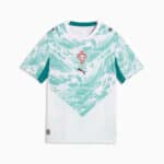Portugal national soccer jersey with mint teal chevron design, crest on chest, Puma logo, white base color.