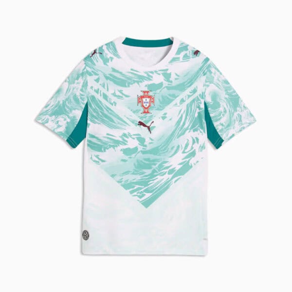 Portugal national soccer jersey with mint teal chevron design, crest on chest, Puma logo, white base color.