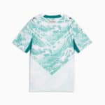 Back view of a turquoise-and-teal graphic t-shirt with a large diamond-shaped mint pattern and teal side panels, on a light background.