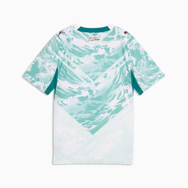 Back view of a turquoise-and-teal graphic t-shirt with a large diamond-shaped mint pattern and teal side panels, on a light background.