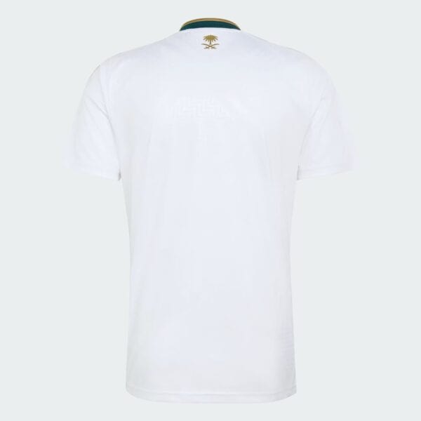 Back view of a white polo shirt with a small gold emblem at the upper back near the collar, on a light gray background.