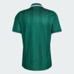 Back view of a green polo shirt with vertical patterned stripes and white sleeve cuffs against a light gray background