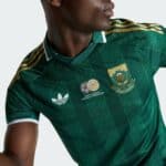 Close-up of a person wearing a green South Africa football jersey with gold stripes and crest badges on the chest area.